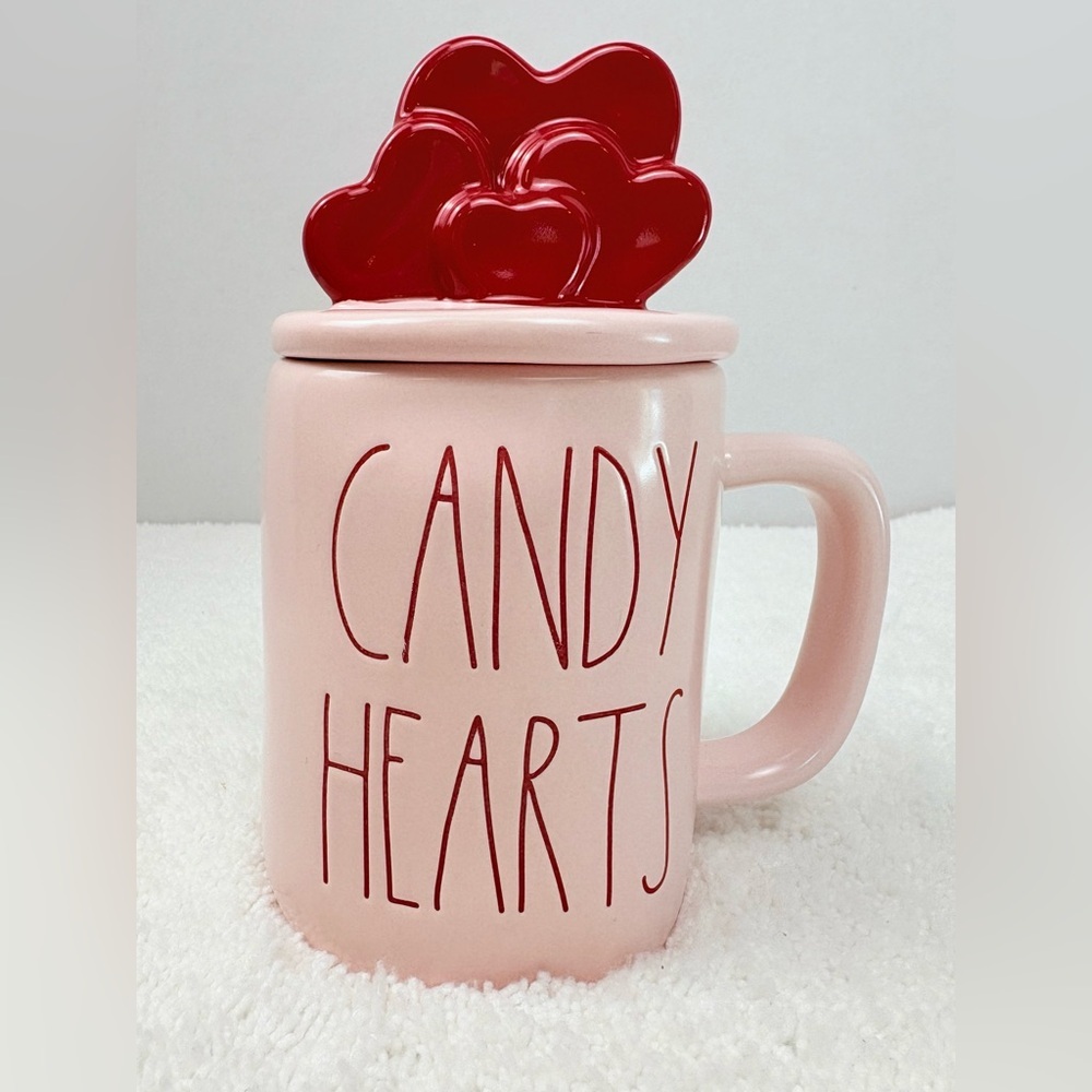 Rae Dunn “CANDY HEARTS” ceramic mug in pink with red heart topper